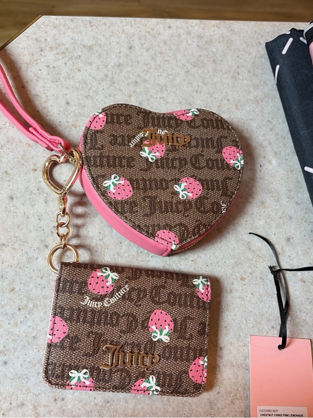 Juicy Couture Brown & Pink Strawberry Heart Coin Purse with Matching Card Holder